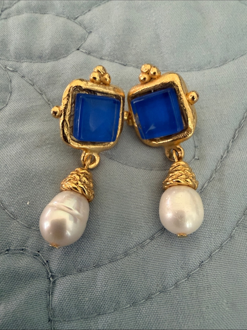 Susan Shaw Charlotte Pearl Drop Earrings with Blue Gem Accent